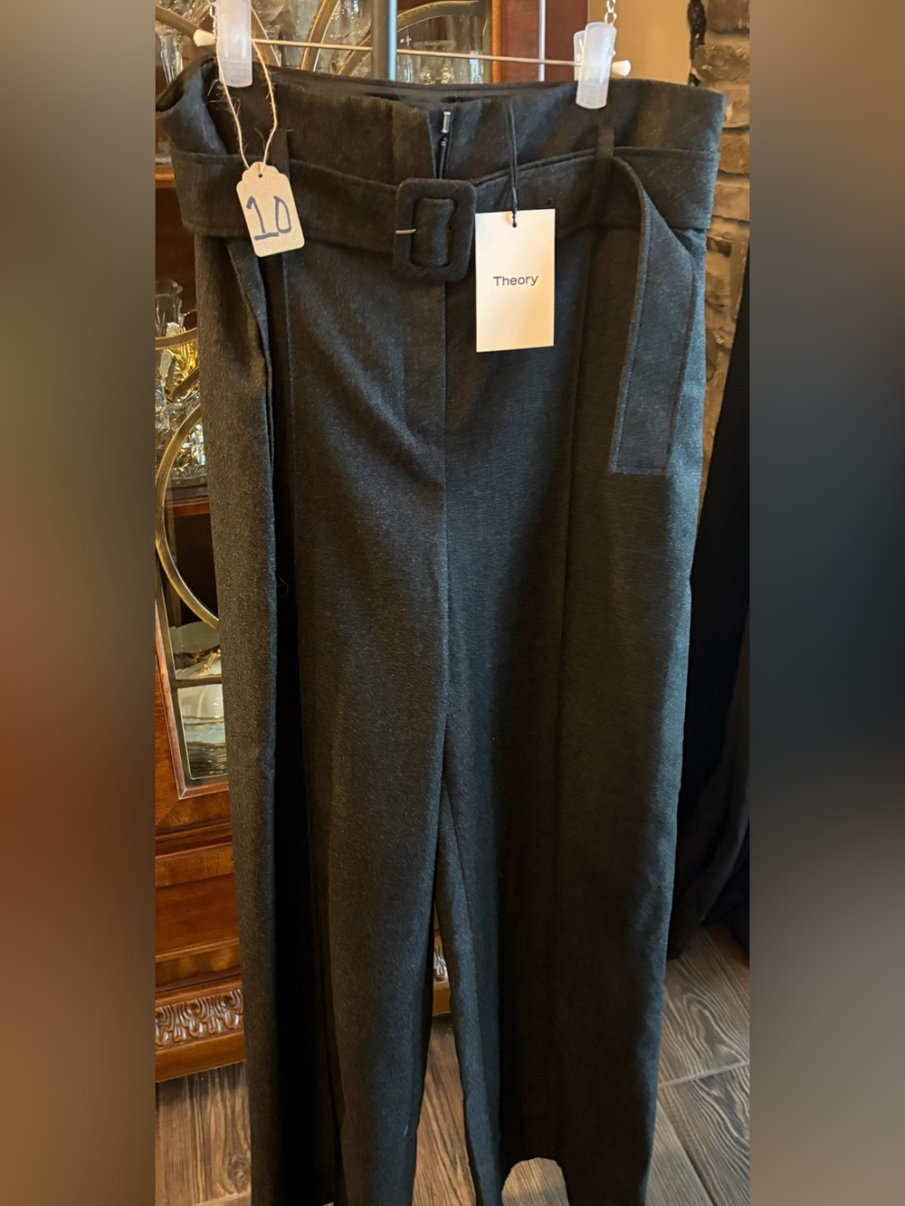 Theory Charcoal High-Waist Tailored Trousers with Fabric Belt